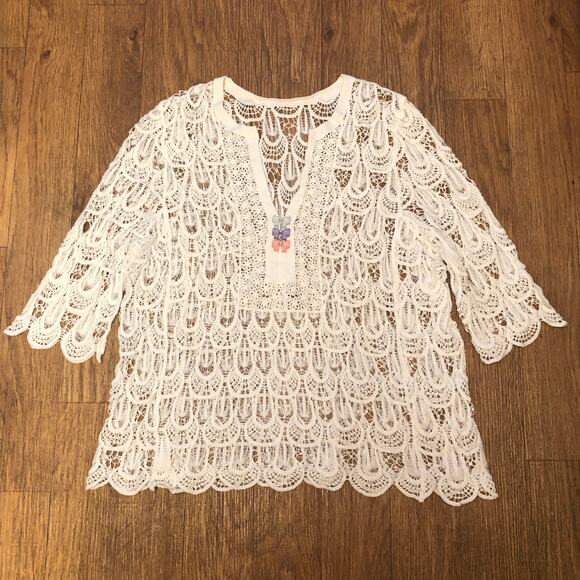 NWOT White Bohemian Crochet Quarter Sleeve Coverup Size Large - Picture 6 of 9